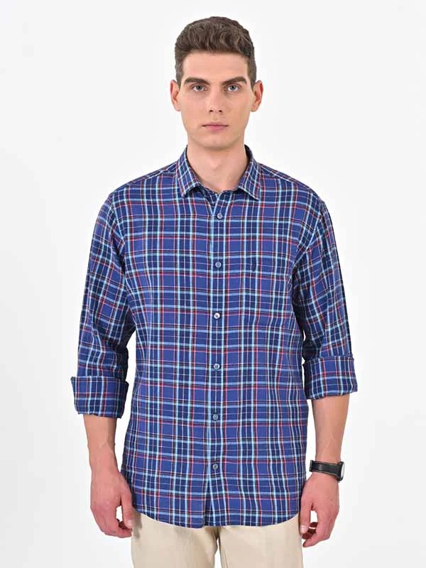 Indian Terrain Men's Regular Fit Full Sleeve Checkered Navy Shirt